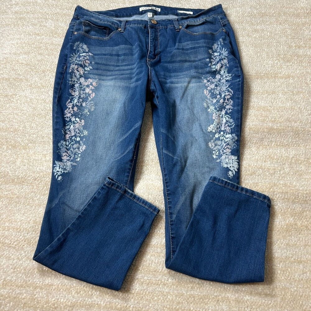 Code Bleu 20W Skinny Jeans Floral Print Blue Denim Plus Size‎ Women's